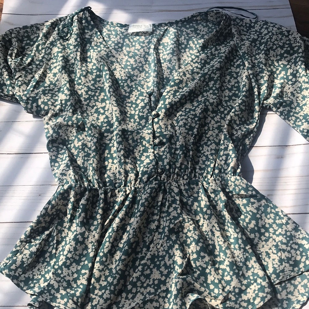 Floral green button up shirt!